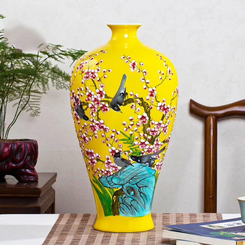 彩帮景德镇手绘陶瓷器花瓶插花中式家居客厅玄关电视柜装饰摆件礼物 黄色赏瓶