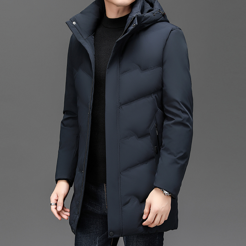 羽绒服男士冬季中长款2024冬装新款连帽潮牌加厚冬季新款连帽羽绒服男商务休闲纯色防寒保暖外套男高端白鸭绒外套可拆卸帽子高清大图