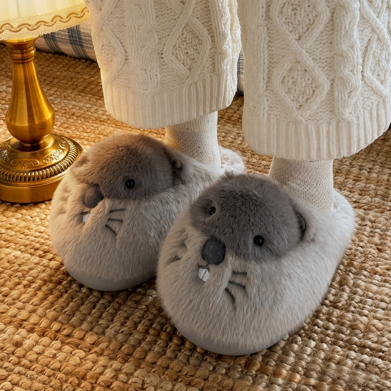 土拨鼠棉拖鞋女士2025新款秋冬季室内家居毛绒保暖厚底棉拖女冬天高清大图