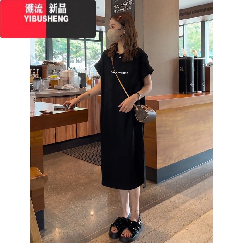 YIBUSHENG2024新款短袖宽松连衣裙休闲过膝t恤裙百搭中长款长裙女显瘦季 黑色34BACKWARDES 2XL