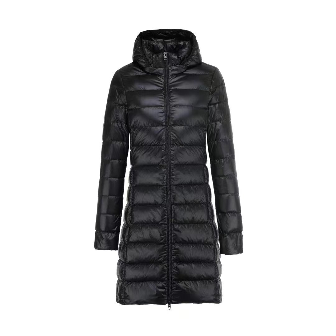 新款女式纯色女装连帽带帽可拆卸羽绒服中长款大码外套_61430 黑色 L
