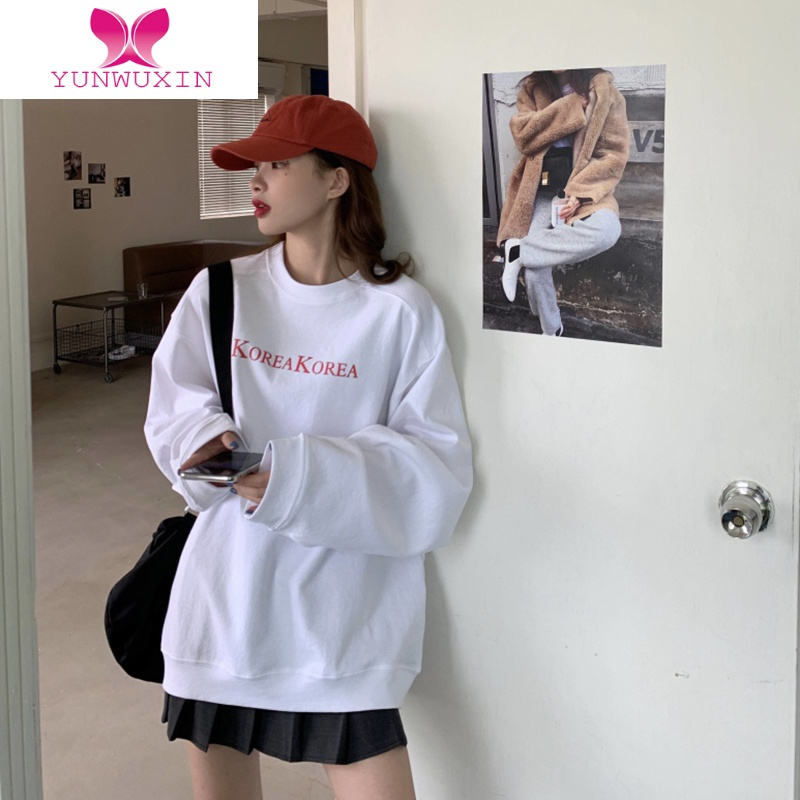YUNWUXIN湖蓝色卫衣女宽松bf慵懒风秋季2022新款中长款款无帽外套上衣