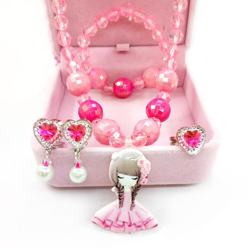 儿童项链手链戒指耳夹耳环无耳洞公主女童水晶首饰品生日礼物套装天