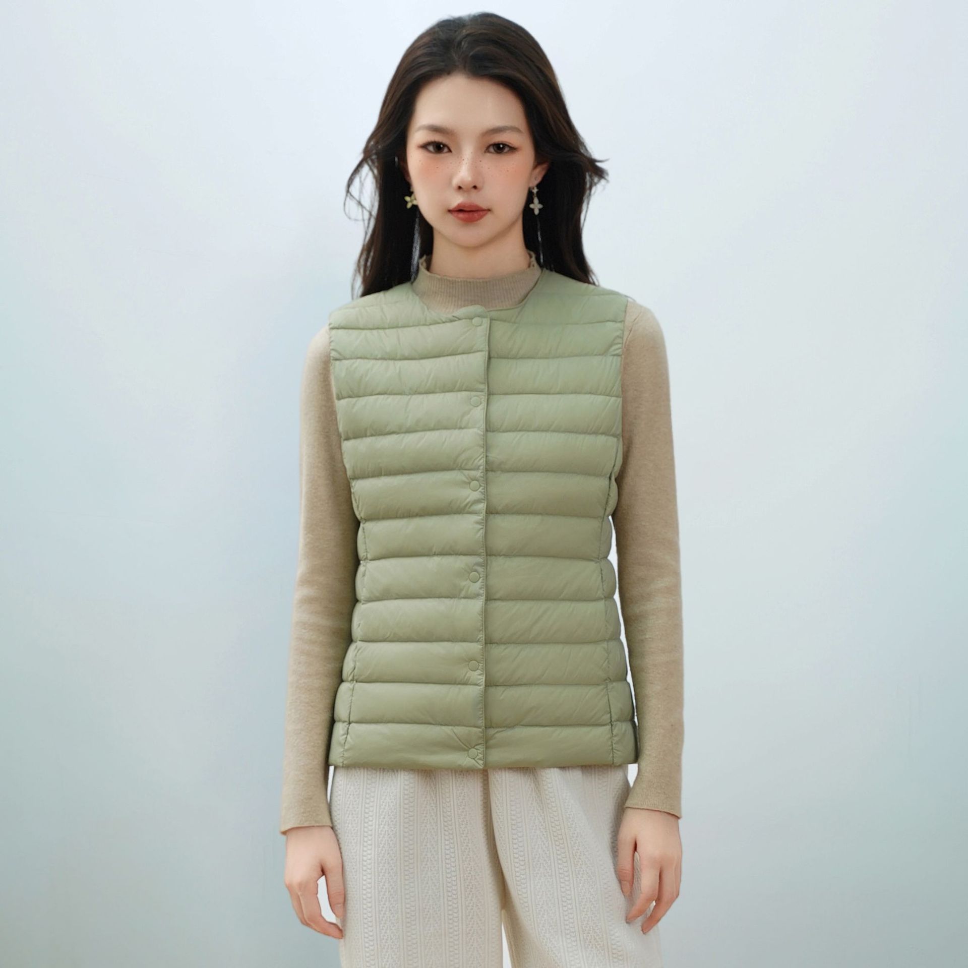 女式新国标90绒新款女装圆领V领轻便羽绒服背心羽绒马甲 抹茶绿 XXXL
