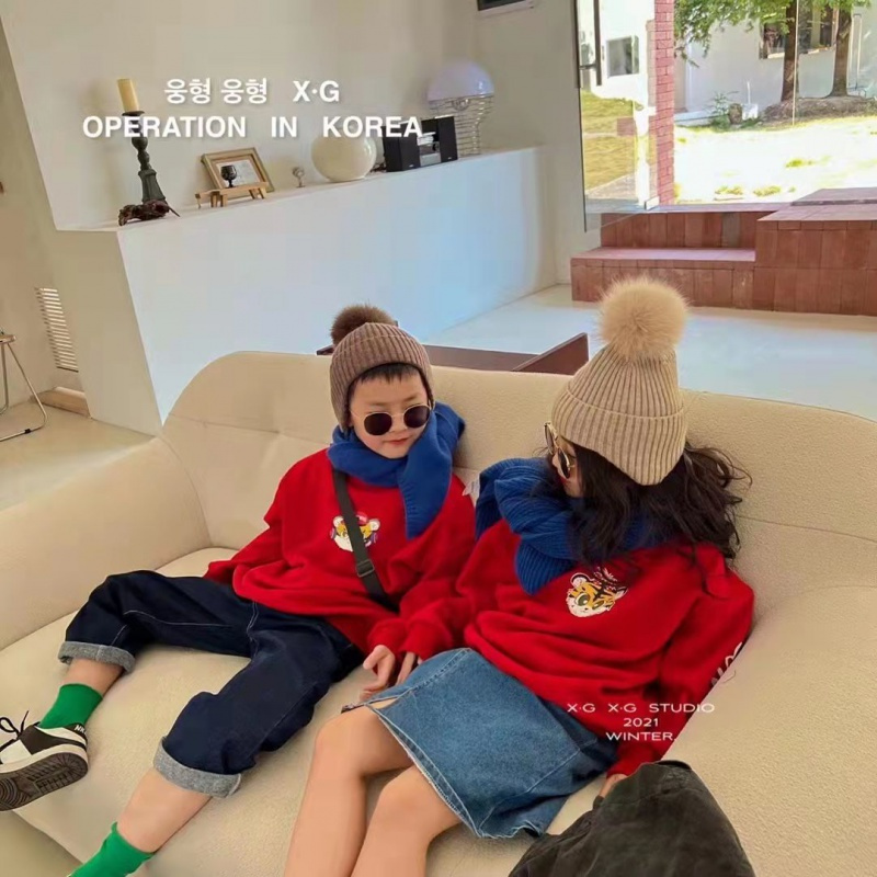 韩国童装男女中大童冬季新年红色过年装老虎本命年儿童加绒卫衣潮