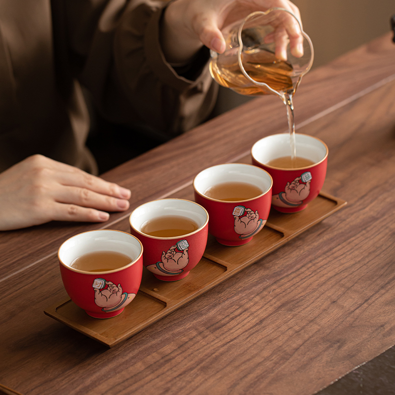 苏氏陶瓷(SUSHI CERAMICS)故宫红恭喜发财心意茶杯杯架盘套组