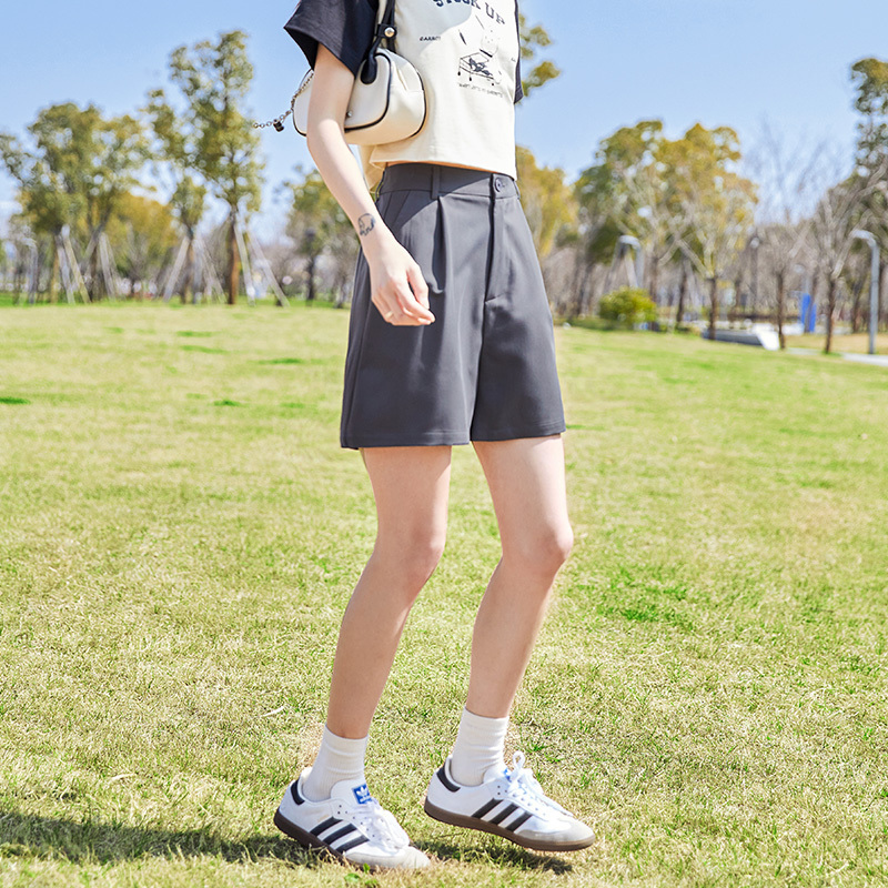 [2.5折价79元]唐狮夏季新款西装短裤女a字宽松休闲裤高腰阔腿显瘦裤子