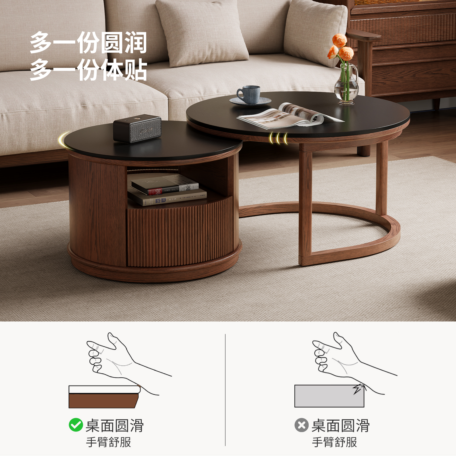 实木组合茶几圆形中古风客厅家用茶桌小户型轻奢高级岩板茶台高清大图