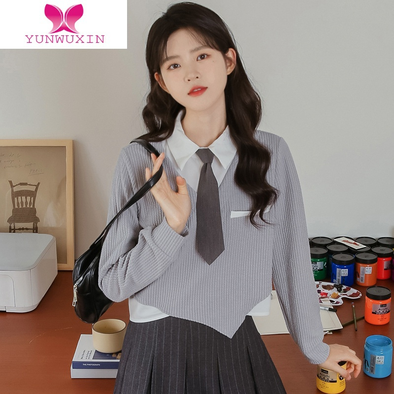 YUNWUXIN2022秋季新款学生假两件领带长袖衬衫女学院风短款外套上衣