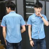 轻奢世家2019冬季新款男士潮流韩版牛仔短袖衬衫款学生休闲装五分中半截袖寸衣服