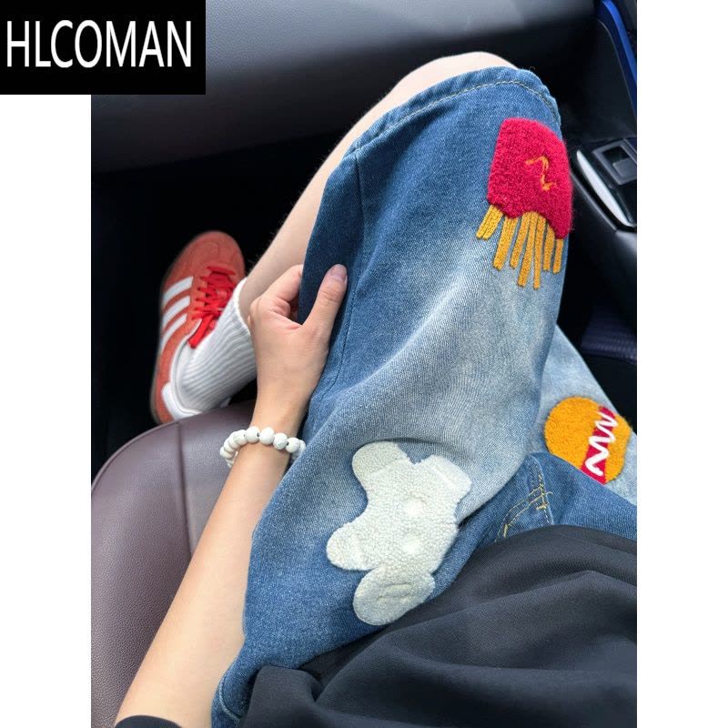 HLCOMAN复古汉堡薯条毛巾绣牛仔短裤男女宽松夏季2025新款直筒阔腿五分裤图片