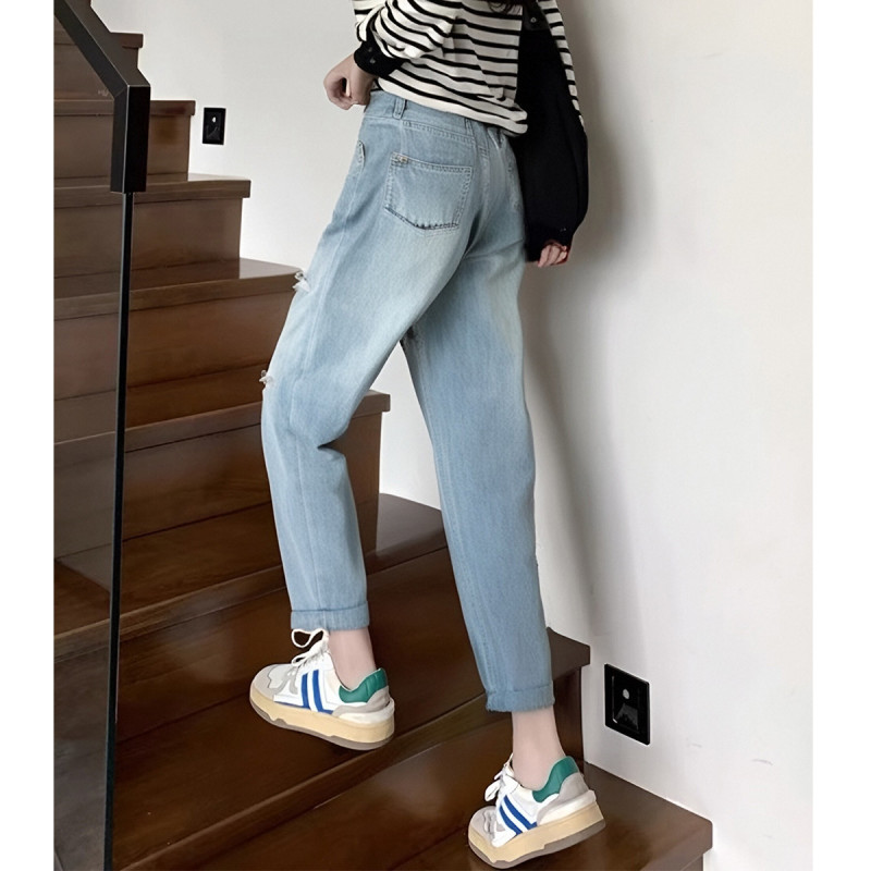 唐狮破洞时尚牛仔裤女潮小哈伦裤女显瘦老爹萝卜裤女式牛仔长裤子女