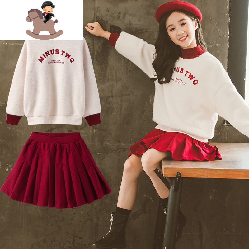 yuebin女童冬装连衣裙2020新款加厚中大儿童百褶裙女孩冬季套装裙子10