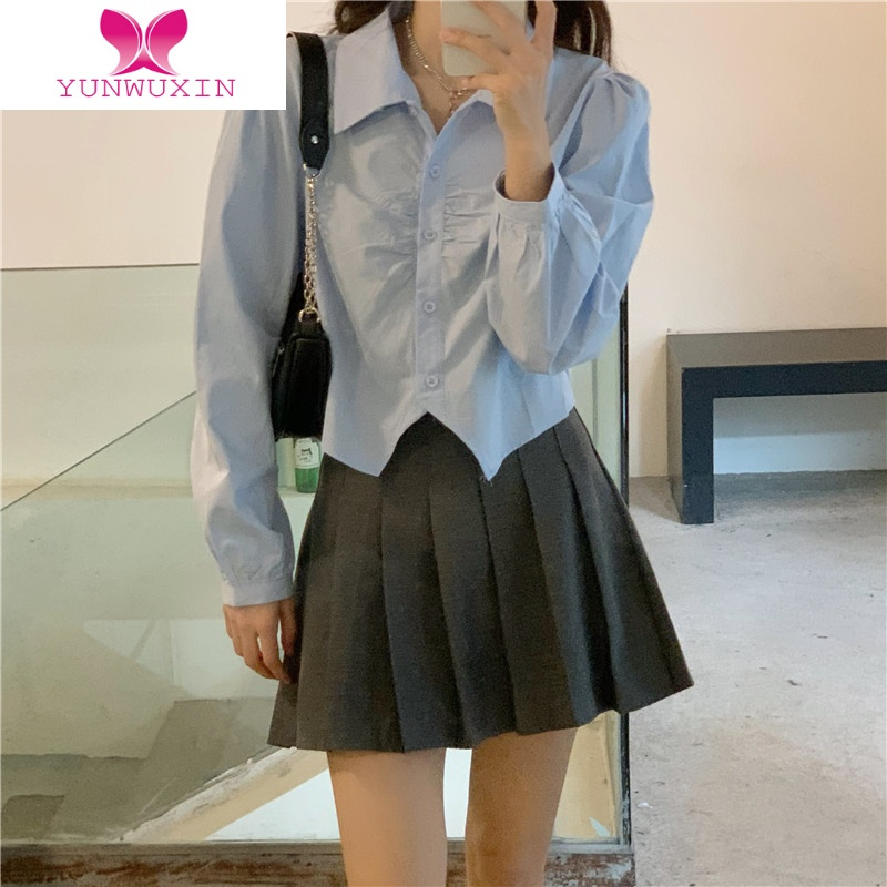 YUNWUXIN气质长袖白色衬衫女设计感小众早秋2022新款衬衣宽松别致短款上衣