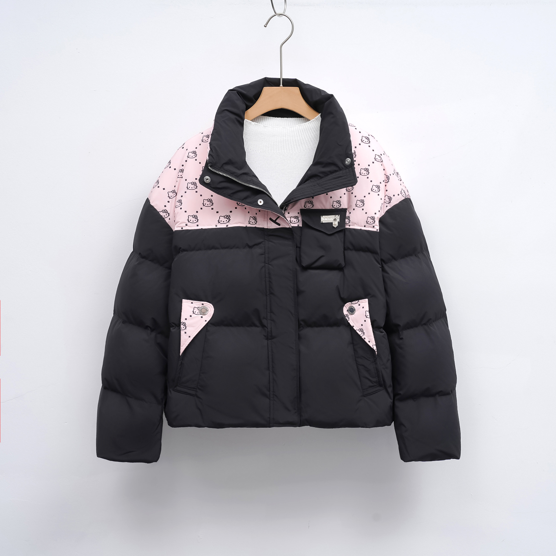 羽绒服新国标90绒女拼接撞色冬季新款立领时尚面包服外套 黑色 L