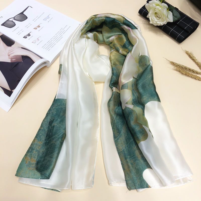 韩版荷花百搭薄款桑蚕丝纱巾长款春夏防晒披肩围巾杭州丝绸真丝丝巾女