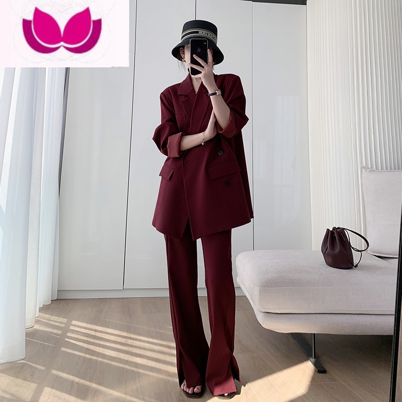 七斓休闲西装外套女2023春季新款系带收腰显瘦微喇开叉裤洋气套装高清大图