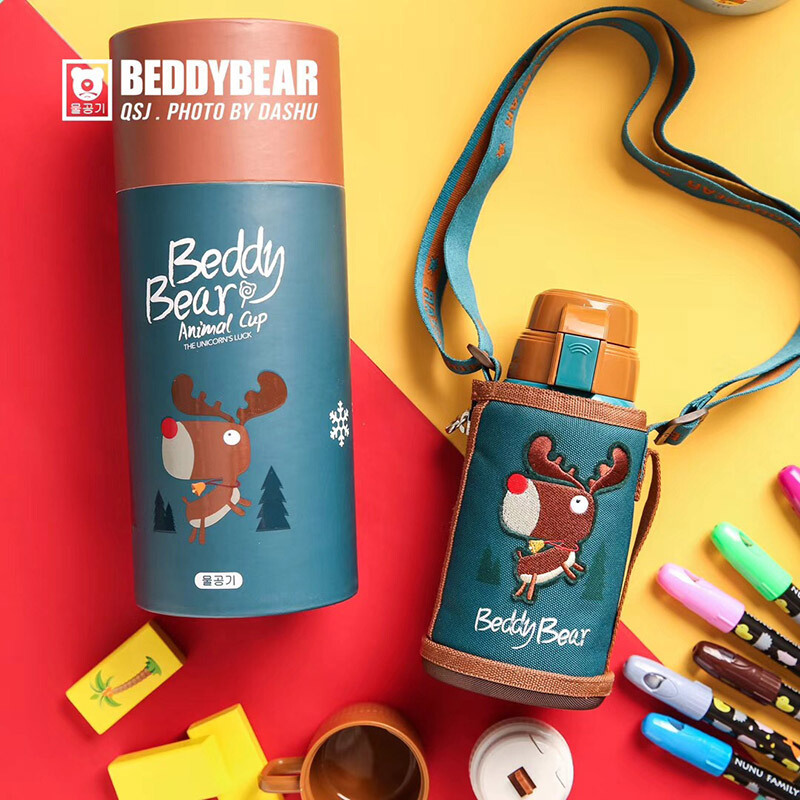 抖音网红3D浮雕麋鹿款杯具熊BEDDYBEAR儿童保温杯带吸管儿童水杯316不锈钢宝宝儿童保温壶600m