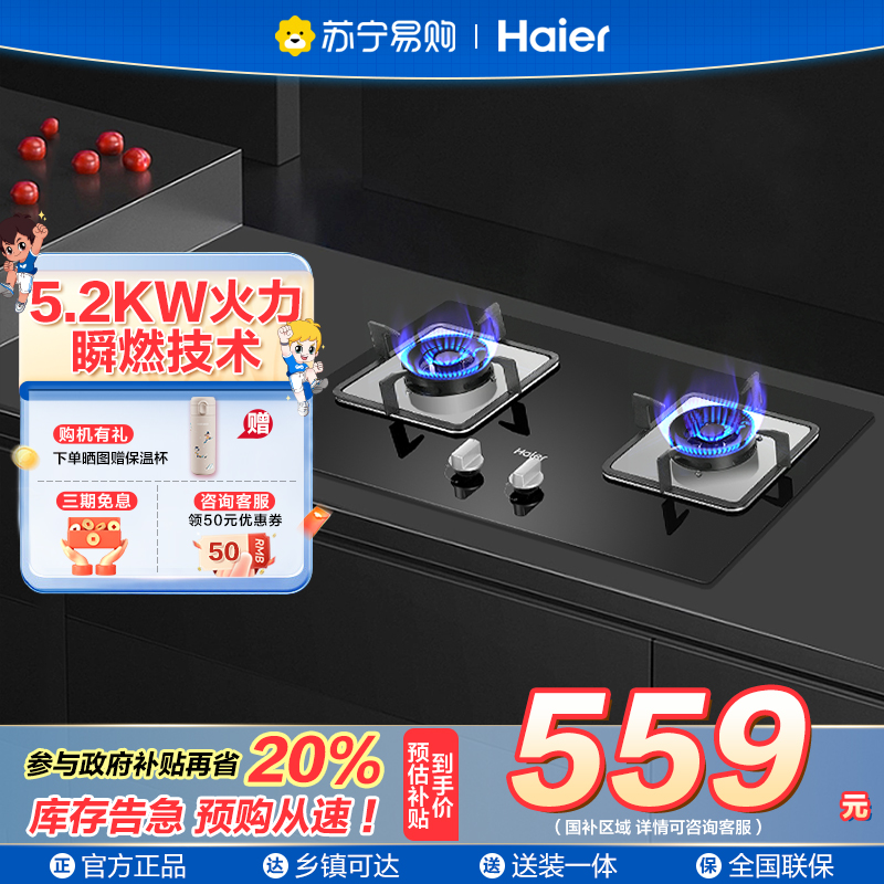 海尔(Haier)燃气灶双灶 天然气灶 家用双灶具 5.2KW大火力 一级能效 瞬燃点火熄火保护煤气灶双灶Q2BE3