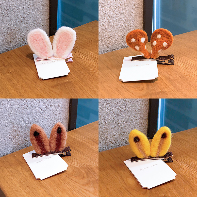 秋冬羊毛毡兔耳朵发夹可爱对夹卡通宝宝发卡女童夹子韩版儿童发饰兔