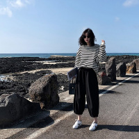 秋季新款韩版女装条纹长袖T恤女上衣学生薄款宽松圆领卫衣女 M 黑条纹