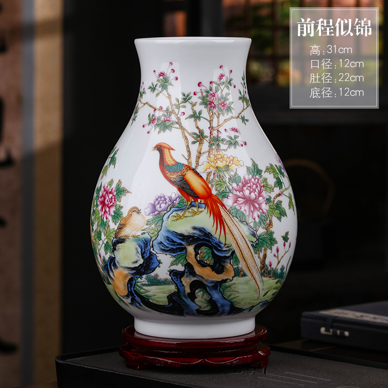 景德镇陶瓷器粉彩花瓶插花中式客厅酒柜办公室家居装饰工艺品摆件 三维工匠 孙绍平《前程似锦》福筒瓶+旋转底座高清大图