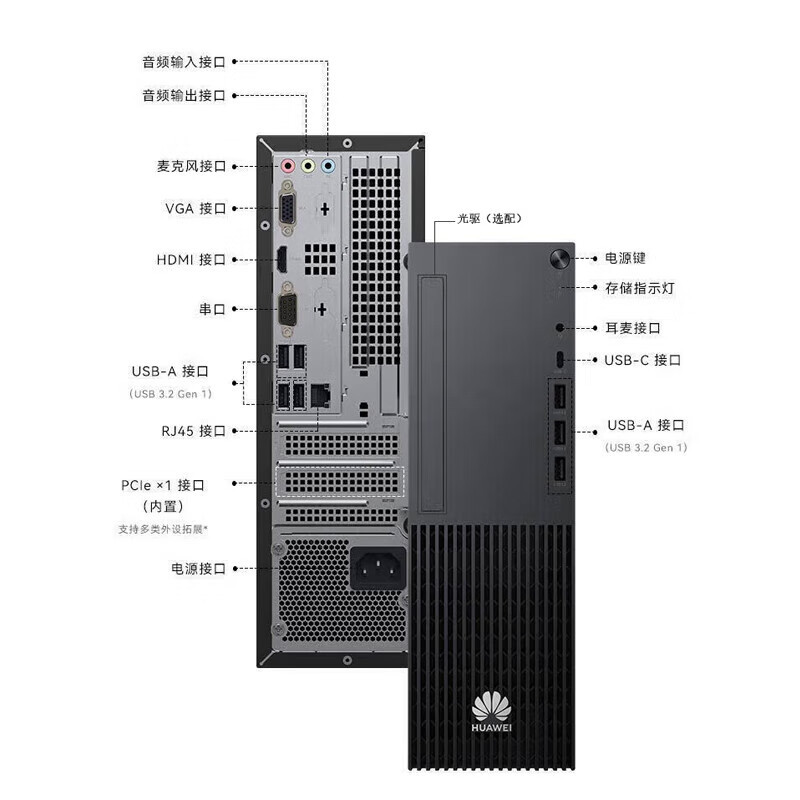 华为擎云W585x国产信创台式机含23.8寸显示器 麒麟9000C/16GB+256GB+1TB/无WIFI无光驱高清大图