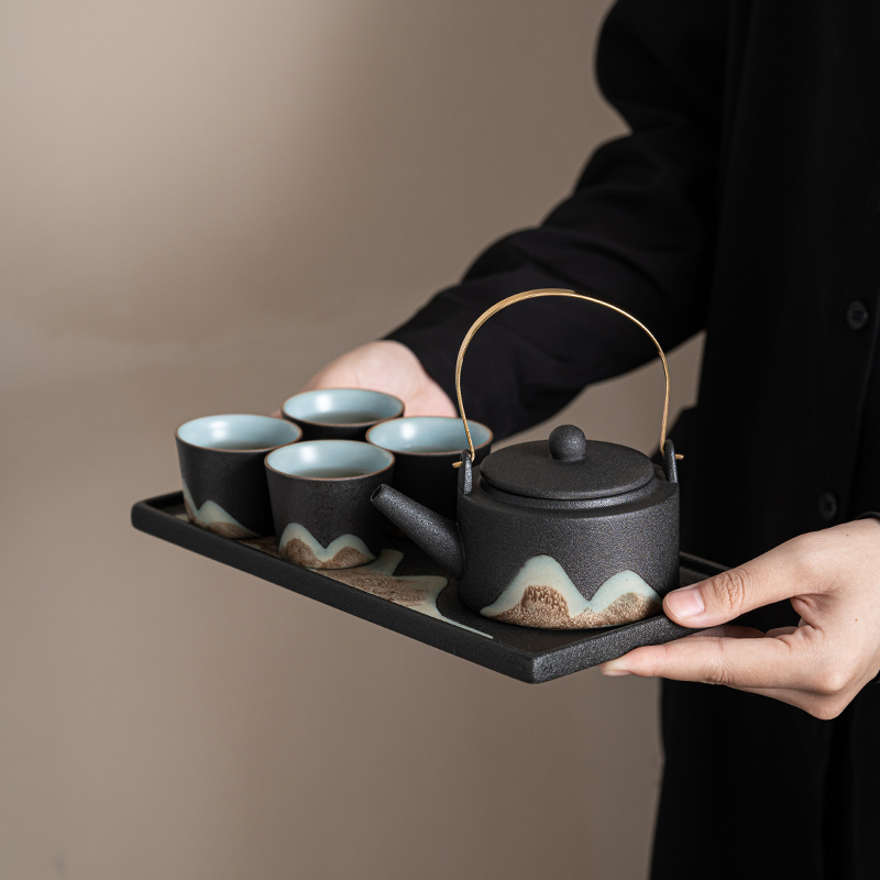 苏氏陶瓷(SUSHI CERAMICS)手绘彩画茶具提梁茶壶配精美干泡茶盘小茶叶罐7件功夫茶具套装礼盒装