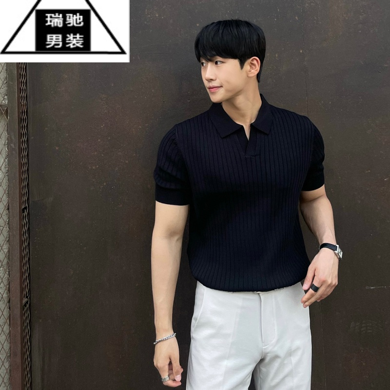 狮王夏季条纹短袖polo杉男韩版修身翻领纯色休闲薄款半袖潮流针织上衣
