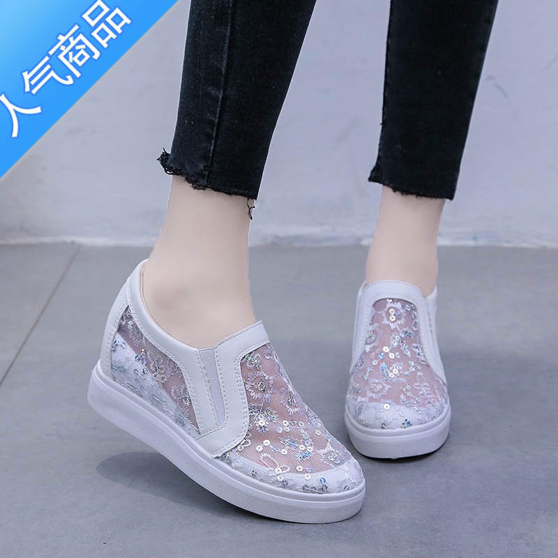 SUNTEK2020新款内增高小白鞋女夏季透气网纱坡跟单鞋网面懒人一脚蹬女鞋高清大图