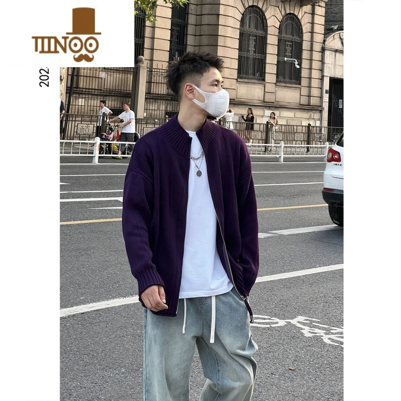 YANXU新款港风慵懒简约休闲针织毛衣男潮流纯色宽松百搭开衫外套 深紫色开衫毛衣 L140-160斤
