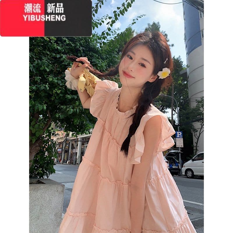 YIBUSHENG粉色小飞袖连衣裙女季2024新款奶系穿搭甜美初恋小个子娃娃裙子图片