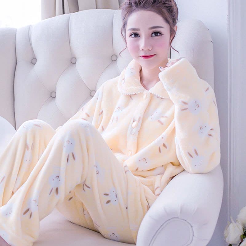秋冬季加厚珊瑚绒睡衣女士韩版套装长袖法兰绒家居服加大码妈妈装图片
