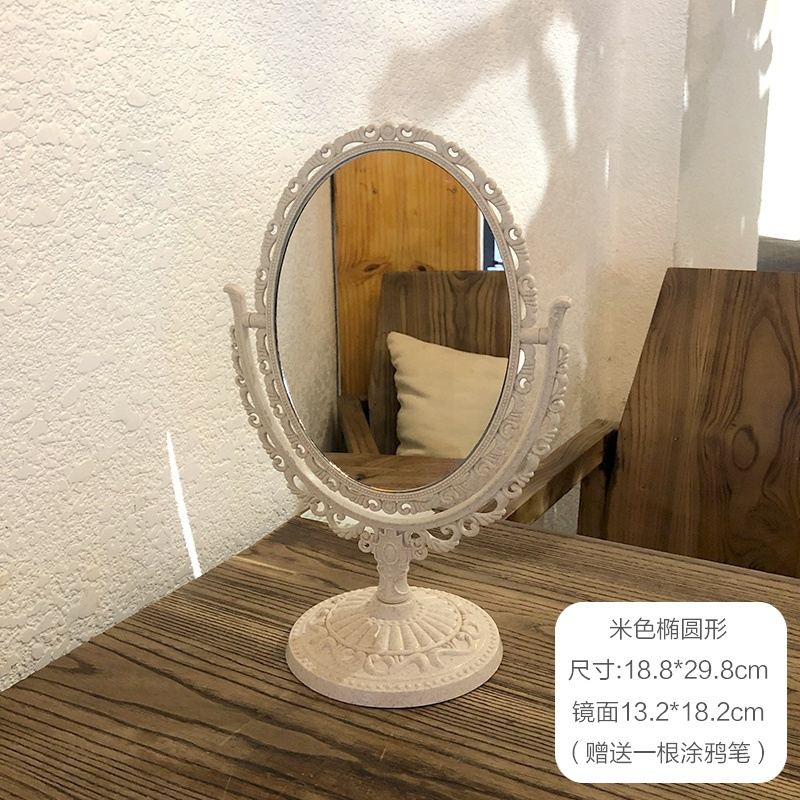米色椭圆形 欧式复古镜子便携网红台式化妆镜卧室桌面ins风少女心宿舍梳妆镜