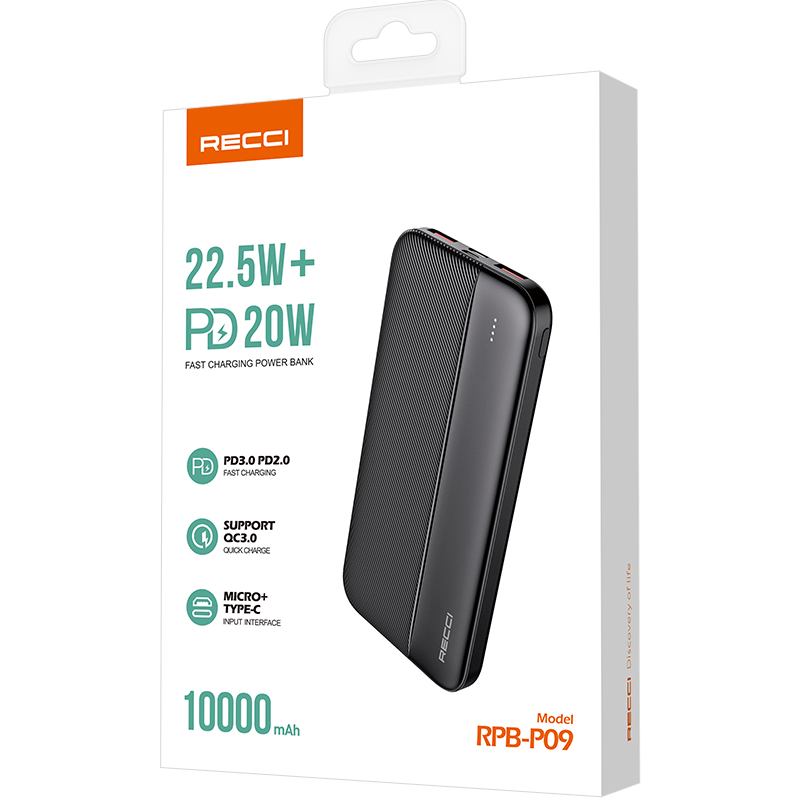 锐思Recci 移动电源RPB-P09全兼容22.5W超级快充PD20W大容量双USB接口 黑色