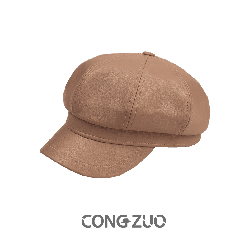 盛世尼曼黑色八角帽英伦复古pu皮质秋冬画家显脸小皮帽子百搭鸭舌