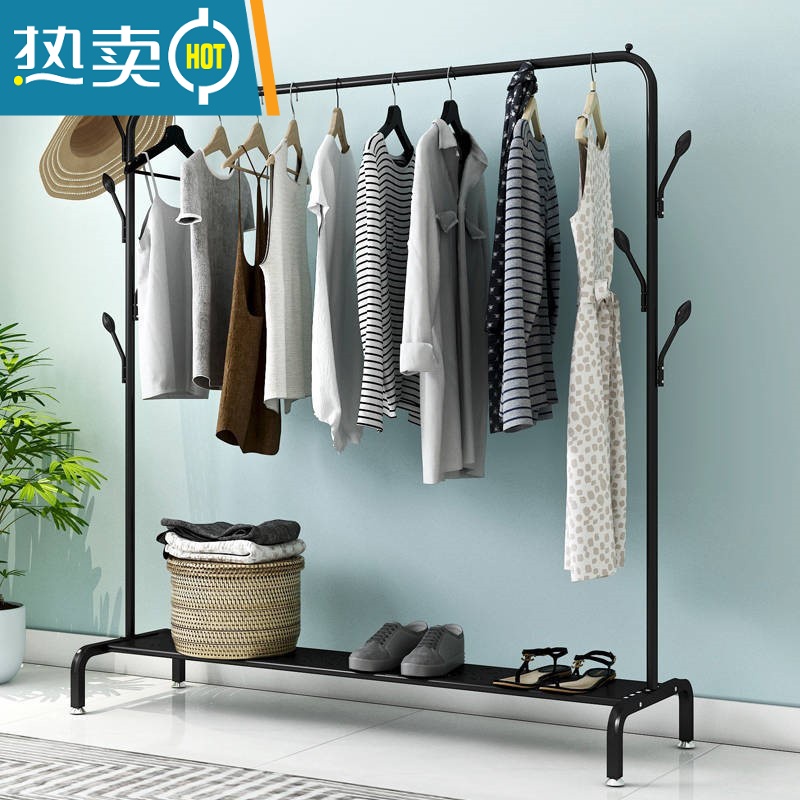 敬平室内简易晾衣架落地卧室凉晒衣服架子单杆式加粗挂衣架阳台衣帽架 白色100长双侧衣帽架高清大图