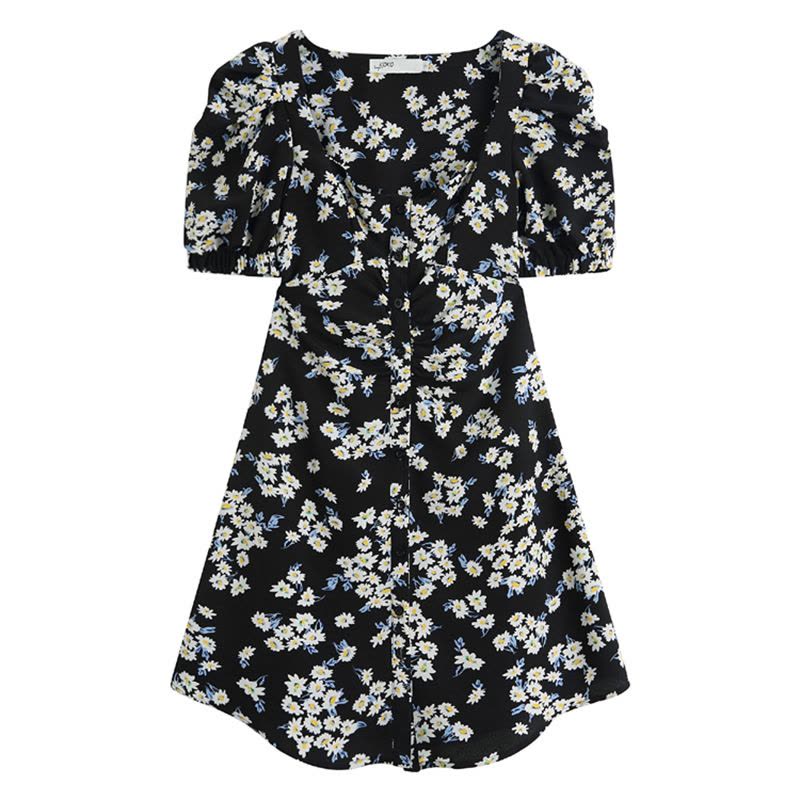 小雏菊泡泡袖连衣裙女2021春夏新款法式桔梗A字方领雪纺碎花裙子图片