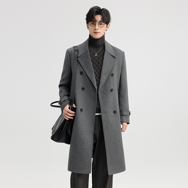 啄木鸟毛呢大衣男中长款2025冬季新款风衣加厚羊毛双排扣呢子外长高清大图