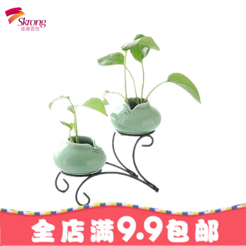 龙泉青瓷创意简约水培花瓶陶瓷花瓶玻璃花瓶铁架花瓶绿萝水养桌面