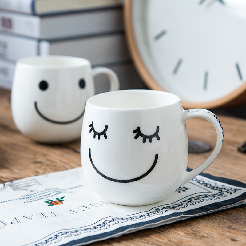 瓷魂 创意卡通时尚陶瓷马克杯情侣杯子咖啡杯水杯 好心情笑脸杯 2只装