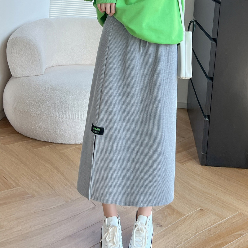 [1.5折价43元]唐狮秋季半身裙女华夫格侧边开叉长裙韩系休闲运动行
