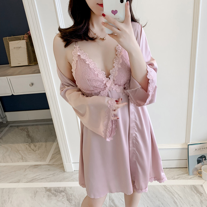 SUNTEK性感睡衣女士秋春夏季吊带睡裙冰睡袍套装长袖蕾丝胸垫家居服