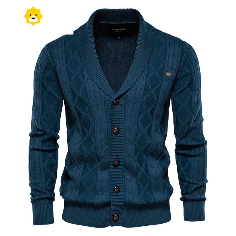fish basket针织开衫毛衣男外套青果领棉线麻花v领男款针织衫潮复古