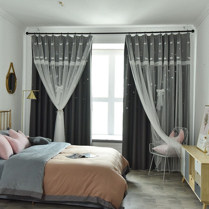 美帮汇绣花款公主风镂空星星2023新款少女梦幻卧室阳台遮光窗帘 深灰天鹅镂空 平铺2米宽*2.7高打孔（可改短）
