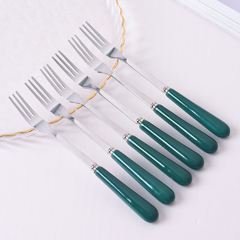 创意水果叉子家用可爱不锈钢小叉子水果签ins祖母绿水果叉套装2绿银