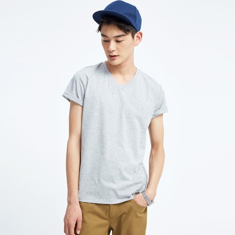 [49任选3件]美特斯邦威短袖T恤男士舒适纯色V领半袖打底衫韩版学生体恤男潮流图片