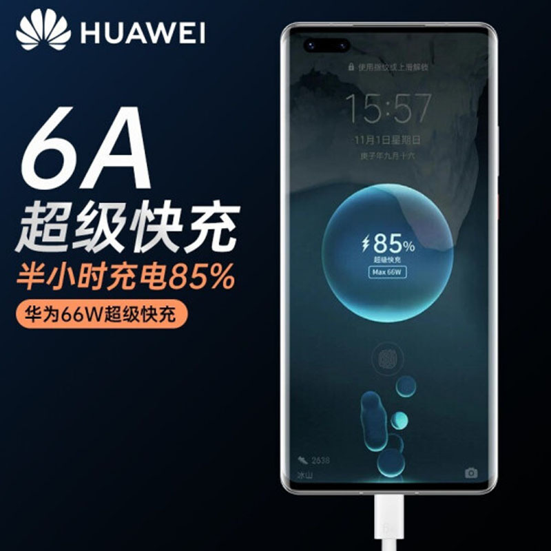 华为原装6A超级快充数据线双Type-C接口 Matebook 苹果笔记本电脑电源线 1.8m 支持66W 白色