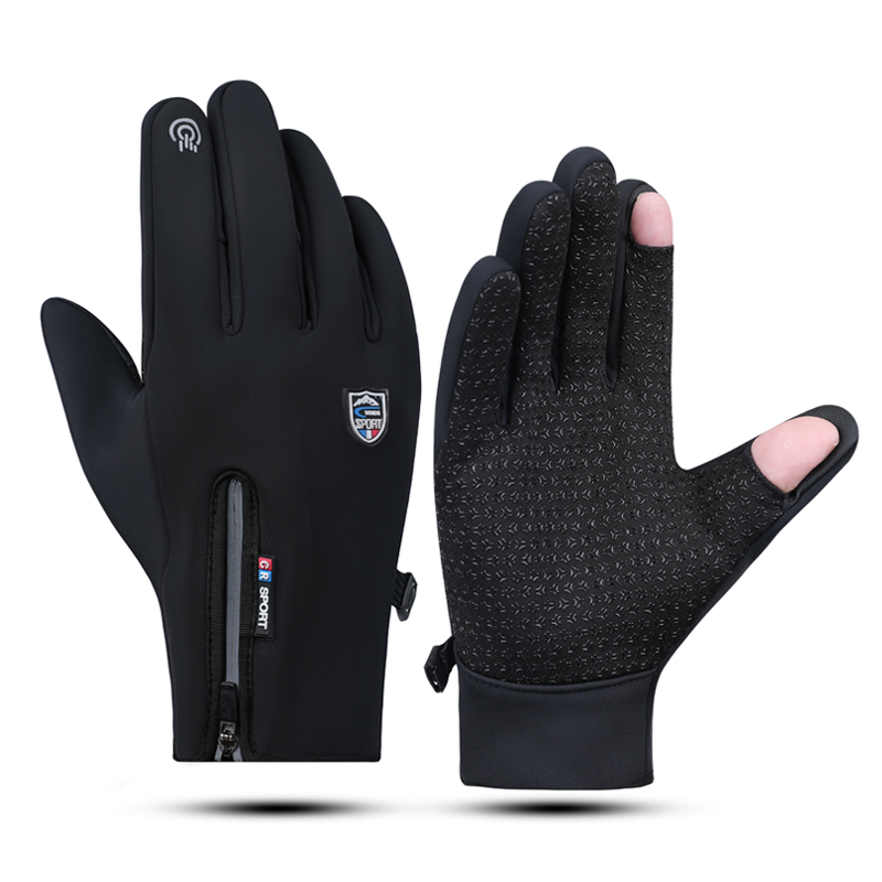 蒙斯朗瑞手套男冬季触屏保暖手套露指翻盖户外加绒加厚开车防滑防泼水骑行手套防寒防风 黑色