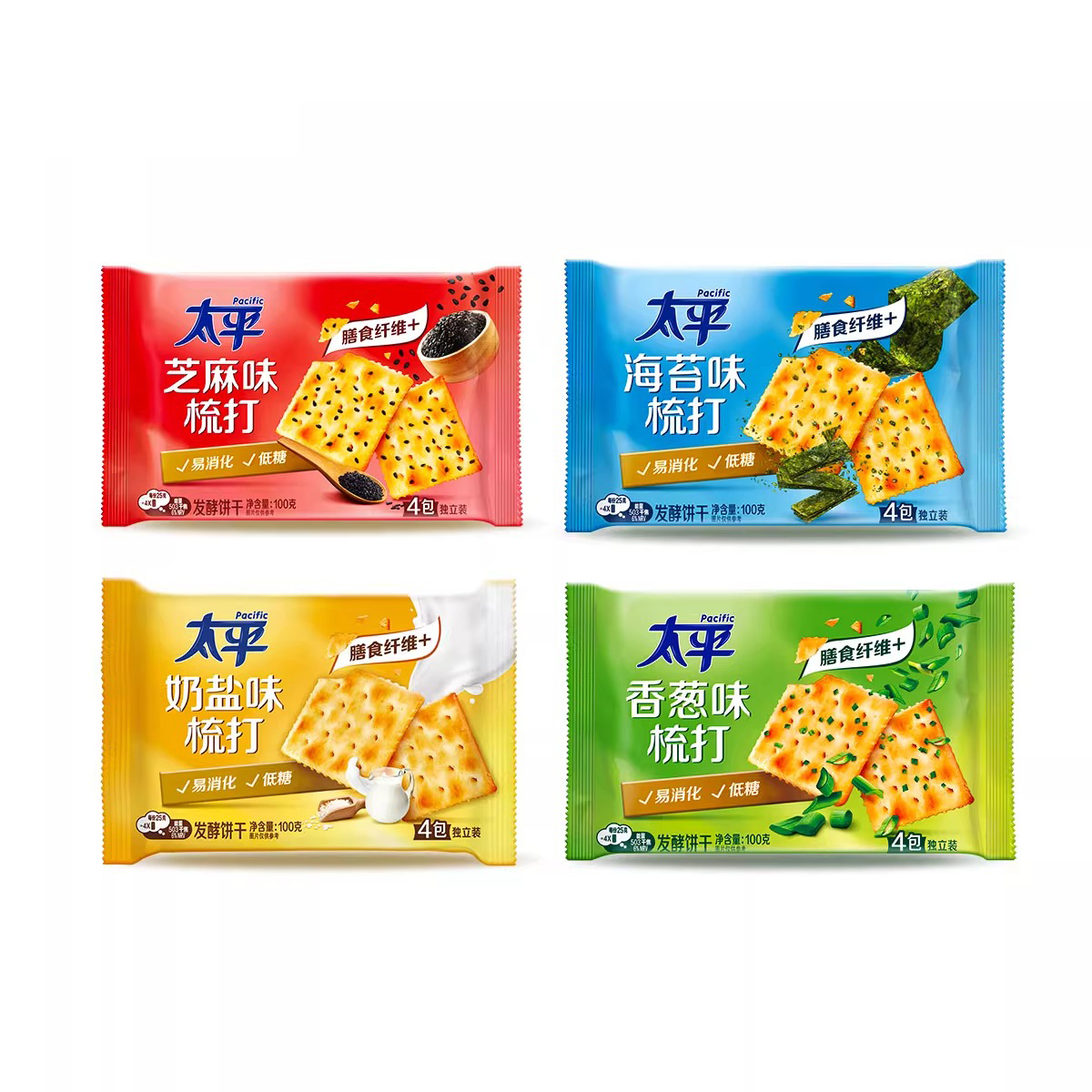 太平苏打饼干梳打饼干早餐小零食休闲食品小吃 ( 奶盐味+海苔味+芝麻味+香葱味)100g*4袋